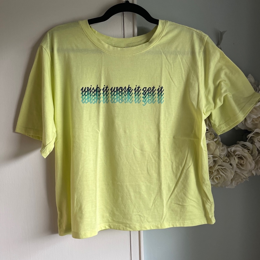 Fabletics XL Short Sleeve T Shirt Boxy Wish It Work It Get It Front Graphic